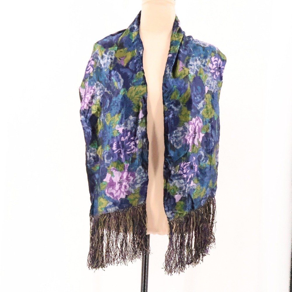 Oscar de la Renta Floral Velvet Fringe Scarf Vintage 90s Womens Blue Purple Rose